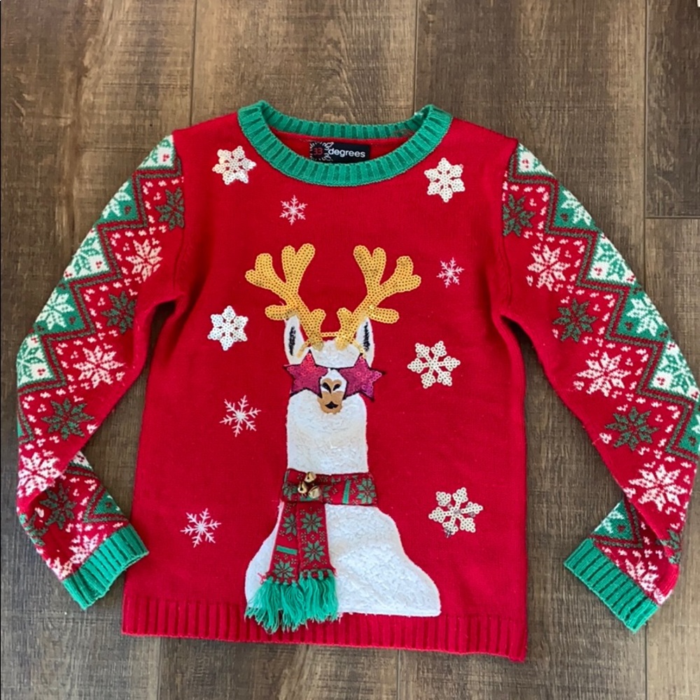 Kids Holiday Sweater with Bells and Llama Raindeer